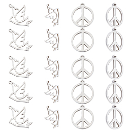 UNICRAFTALE 28pcs 2 Styles Pigeon and Peace Sign Pendants 201 Stainless Steel Manual Polishing Charms Hypoallergenic Hollow Peace Theme Pendants for Necklace Jewelry Making