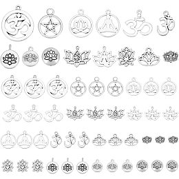 PandaHall Elite 14 Styles Lotus Flower Charms, 56pcs Yoga Charms Indian Chakra Charm Tibetan Alloy Hollow Pendants for Jewelry Bracelet Necklace Making DIY Crafts