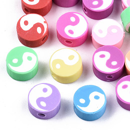 Honeyhandy Handmade Polymer Clay Beads, Flat Round with Taiji, Mixed Color, 9~10x4~7mm, Hole: 1.6mm