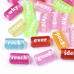 Arricraft Transparent Acrylic Beads, Spray Painted, Rectangle with Words, Mixed Color, 7.5x15x4.5mm, Hole: 3mm