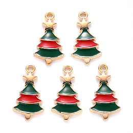 ARRICRAFT Alloy Enamel Pendants, for Christmas, Christmas Tree with Star, Light Gold, Red, Dark Green, 21x11x2mm, Hole: 1.5mm