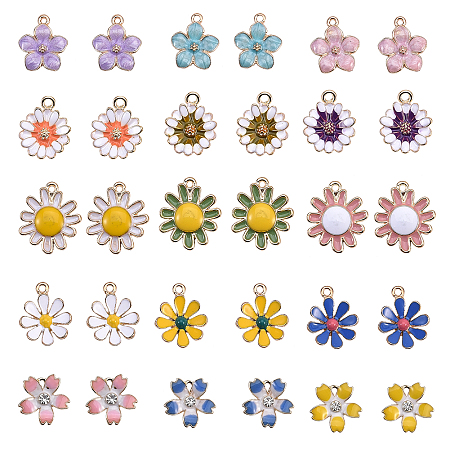 SUNNYCLUE Alloy Enamel Pendants, Flower, Light Gold, Mixed Color, 30pcs/box