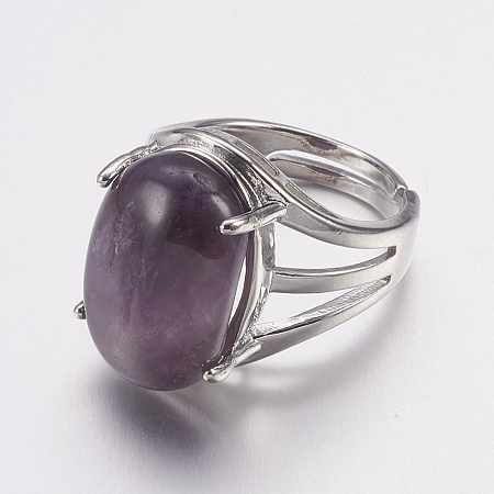 Honeyhandy Natural Amethyst Wide Band Finger Rings, with Alloy Ring Findings, Oval, 18mm