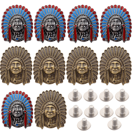 GORGECRAFT 10Pcs 2 Colors Antique Indian Chief Leather Decorative Conchs Buttons Craft Head Conchs Screw Metal Head Sculpture Stud Screws Back Rivet for DIY Creativity Product Accessories