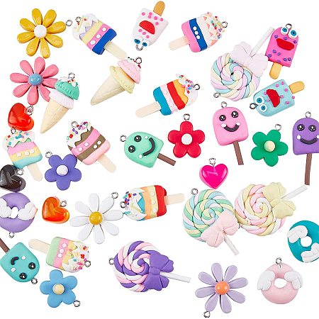 NBEADS 70 Pcs Polymer Clay Charms, Colorful Handmade Clay Pendants Flower Candy Ice-Lolly Donut Pendants for Jewellery Making DIY Craft