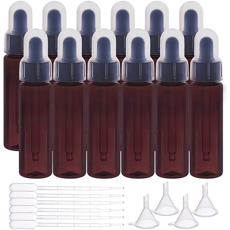 BENECREAT 12 Packs 1oz CoconutBrown Plastic Dropper Bottles Essential Oil Bottles with Glass Eye Dropper and Plastic Dust Cover for Aromatherapy Fragrance (6 Droppers, 4 Funnels)