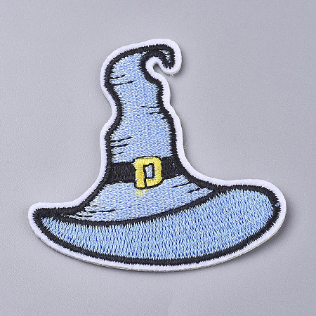Honeyhandy Computerized Embroidery Cloth Iron on/Sew on Patches, Costume Accessories, Witches Hat, for Halloween, Light Steel Blue, 62x64x1.5mm
