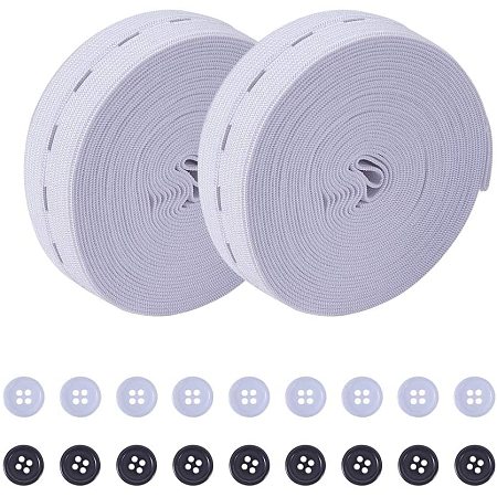 NBEADS 2 Rolls 25mm (5.46 Yard/roll) Flat Rubber Elastic Band with 20 Pcs Resin Buttons, Springy Stretch Knitting Sewing Elastic Spool Elastic Bands, White