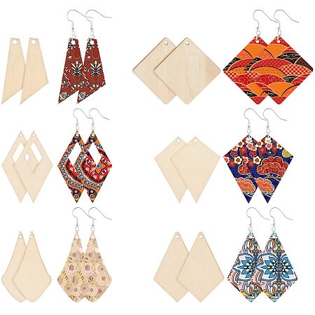 PandaHall 60pcs 6 Styles Unfinished Wooden Earrings Blank, Rhombus Natural Wood Drop Dangle Earrings with 60pcs Earring Hooks, 60pcs Jump Rings for Craft Supplies