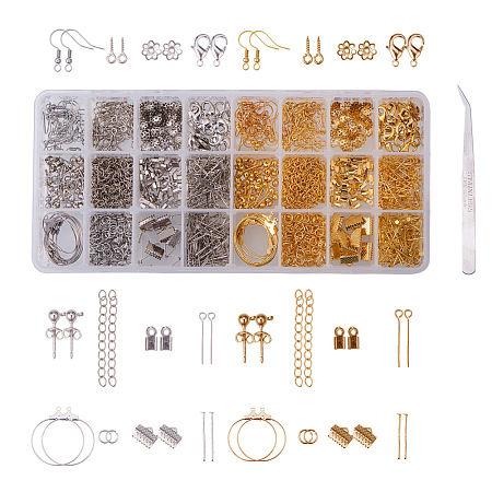PandaHall Elite About 1480 Pcs Jewelry Finding Kits Earring Hook, Lobster Claw Clasps, Ribbon Clamp End, Jump Ring, Cord End, Flower Bead Cap, Screw Eye Pin, Extender Chain Tweezers 2 Colors