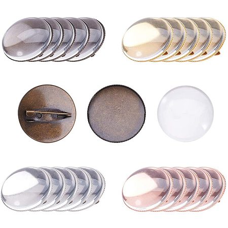 Arricraft 20 Sets Brooch Pins Trays Blank Cabochon Safety Brooch Base Settings, 20pcs 5 Color Round Brooch Tray with 20pcs Glass Cabochon Dome for DIY Jewelry Making
