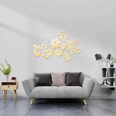 GLOBLELAND Custom Acrylic Wall Stickers, for Home Living Room Bedroom Decoration, Rectangle with Flower Pattern, Gold, 400x600mm