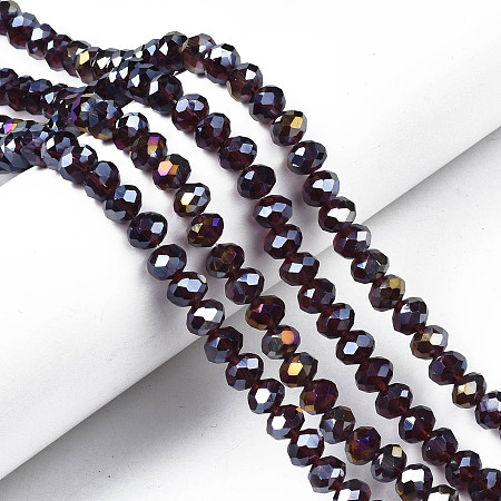 Honeyhandy Electroplate Glass Beads Strands, AB Color Plated, Faceted, Rondelle, Purple, 8x6mm, Hole: 1mm, about 65~68pcs/strand, 15.7~16.1 inch(40~41cm)