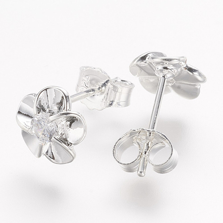 Honeyhandy Real Platinum Plated Flower Brass Stud Earrings, with Rhinestone, Crystal, 8x8mm