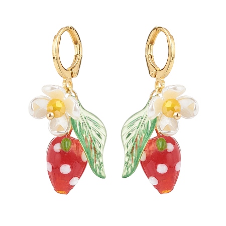 Honeyhandy Lampwork Strawberry with Plastic Pearl Flower Dangle Leverback Earring, Gold Plated Brass Drop Earrrings for Women, Colorful, 36mm, Pin: 1x0.8mm