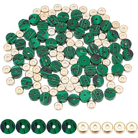 NBEADS About 219 Pcs Malachite Beads Kits, 6mm Flat Round Natural Stone Beads Gemstone Beads with Brass Spacer Beads Heishi Disc Beads for Bracelet Necklace Earrings Jewelry Making