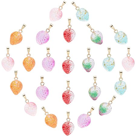 SUPERFINDINGS 60Pcs Two Tone Transparent Spray Painted Glass Pendant 6 Colors 3D Strawberry Charms Strawberry Hanging Ornament with Golden Plated Iron Bails for Jewelry Making