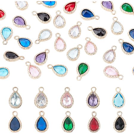 NBEADS 40 Pcs Faceted Teardrop Glass Pendants, 10 Colors Drop Shape Crystal Charms Faceted Water Drop Beads with Brass Findings for Necklace Bracelet Jewelry Making