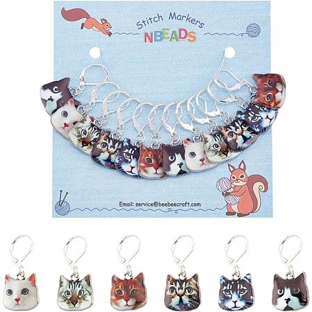 NBEADS 12 Pcs Cat Stitch Markers, 6 Styles Alloy Enamel Cat Crochet Stitch Marker Charms Removable Locking Stitch Marker for Knitting Weaving Sewing Accessories Quilting Handmade Jewelry