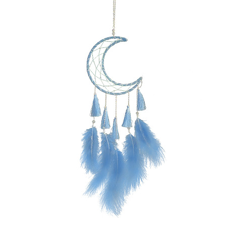 Moon Woven Net/Web with Feather Pendant Decoration, with Iron Ring and Tassels, Blue, 55cm