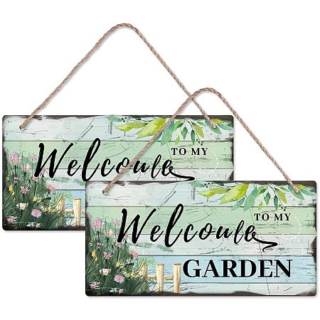 Arricraft 2 Sets Welcome Wood Hanging Sign Colorful Garden Scenery Pattern Plaque Rectangle Wall Art Sign Hanging Sign for Garden Yard Bedroom Door and Wall Decoration About 11.8x5.9inch