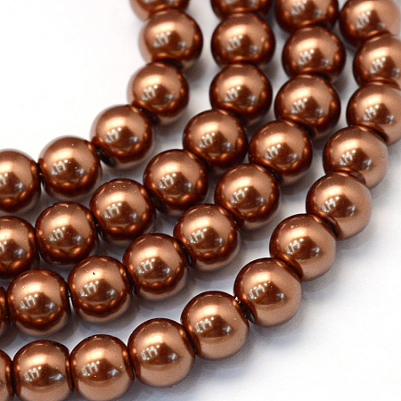 Baking Painted Pearlized Glass Pearl Round Bead Strands, Sienna, 8~9mm, Hole: 1mm; about 105pcs/strand, 31.4 inches