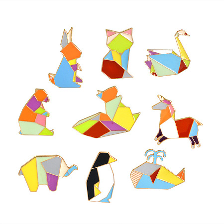 ARRICRAFT Creative Zinc Alloy Brooches, Enamel Pin, with Enamel and Iron Butterfly Clutches, Mixed Origami Animal Shape, Golden, Mixed Color, 16~26x12~29mm, Pin: 1mm, 9pcs/set