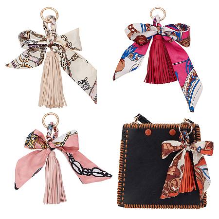 CHGCRAFT 4Pcs 4Colors Silk Ribbon Bow Tassel Bag Pendant Charm PU Imitation Leather Tassel Keychain with Alloy Key Rings and Bowknot Ribbon