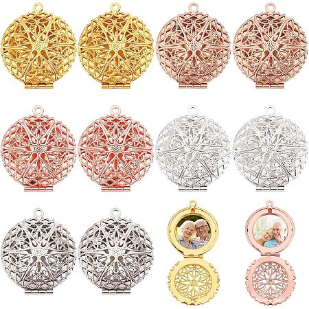 BENECREAT 10Pcs 5 Colors Openwork Round Shaped Photo Frame Locket Charms, Vintage Alloy Photo Locket Pendant for Memorial Necklaces Jewelry Making DIY Crafts, Hole: 1.5mm