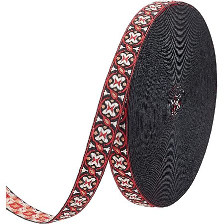FINGERINSPIRE 20 Yards 0.4 inch Red Black Vintage Jacquard Ribbon White Floral Butterfly Pattern Embroidered Woven Trim Ethnic Retro Jacquard Trim for Sewing, Embellishment Craft Supplies