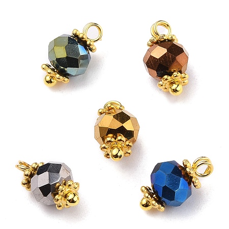 Honeyhandy Handmade Electroplate Glass Beads Charms, with Tibetan Style Alloy Spacer Beads and Brass Ball Head pins Findings, Faceted, Golden, Mixed Color, 10.5x6mm, Hole: 1.6mm