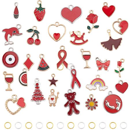 PH PandaHall 30 Style Red Theme Enamel Charms Pendants with 60pcs Jump Rings for Christmas Necklace Earrings Bracelet Jewelry Making