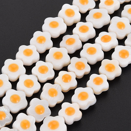 Natural Freshwater Shell Beads Strands with Enamel, Flower, Orange, 8~9x8~9x4.5mm, Hole: 1mm, about 48~50pcs/strand, 15.16 inch~15.55 inch(38.5cm~39.5cm)