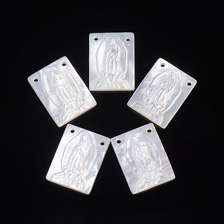Honeyhandy Natural White Shell Lady of Guadalupe Pendants, Religion, Rectangle with Virgin Mary, 15.5x12x2.5~3mm, Hole: 1mm