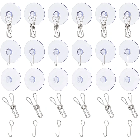 CHGCRAFT 48Pcs 2 Styles Suction Cup Hooks Round Suction Cup Clamps 24pcs Clear Suction Cups with 12Pcs Stainless Steel Hooks and 12Pcs Stainless Steel Clips for Hanging
