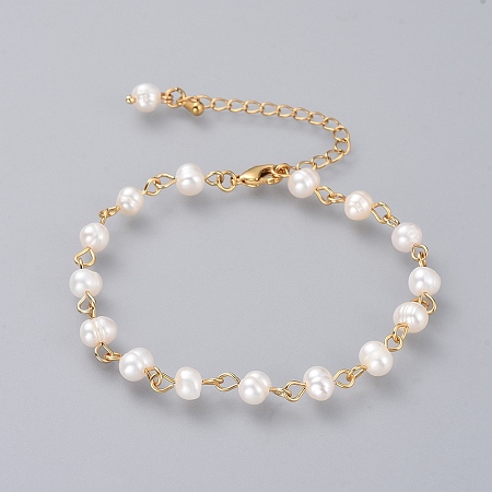 Honeyhandy Beaded Bracelets, with Grade A Natural Freshwater Pearl Beads and Brass Extension Chains, Golden, 188mm