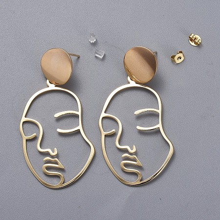 Brass Dangle Earrings, with Plastic Ear Nuts and Brass Ear Nuts, Face, Real 18K Gold Plated, 59~60mm; Pin: 0.7mm