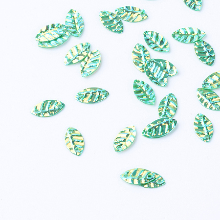 Honeyhandy Plastic Paillette Links, Sequins Beads, Leaf, Green, 8.5x4.5x0.5mm, Hole: 1mm, about 3000pcs/50g