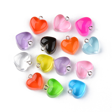 Honeyhandy Transparent Resin Pendants, with Platinum Tone Iron Loop, Heart, Mixed Color, 16.5x17x9.5mm, Hole: 1.8mm