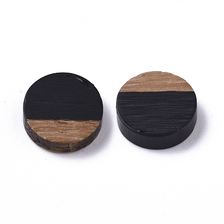 Honeyhandy Resin & Wood Cabochons, Flat Round, Black, 10x2.5~4mm