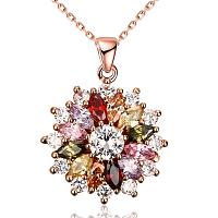 Honeyhandy Real Rose Gold Plated Brass Cubic Zirconia Flower Pendant Necklaces, Colorful, 19.7 inch