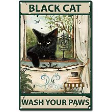 CREATCABIN Funny Bathroom Quote Metal Tin Sign Vintage Black Cat Wash Your Paws Sign for Bathroom Kitchen Cafe Wall Decor, 8 x 12 Inch