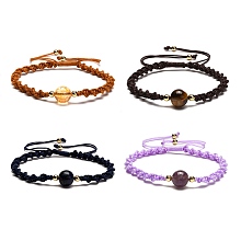 Honeyhandy Adjustable Round Natural Gemstone Beads Bracelets for Women or Men, Braided Nylon Cord Bracelets, Mixed Color, 2-3/8~4-1/4 inch(6~10.9cm) , beads: 10mm