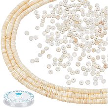 PandaHall Elite 2000pcs Natural Shell Beads 5~6mm Flat Disc Beads with 4.9 Yards Elastic Crystal Thread 1mm Beading String Work with Clay Beads for Friendship Bracelet Anklet Choker, Natural Color