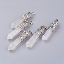 Honeyhandy Natural Quartz Crystal Big Pointed Pendants, with Alloy Findings, Faceted, Bullet, Platinum, 59~63x11~12mm, Hole: 4x7mm