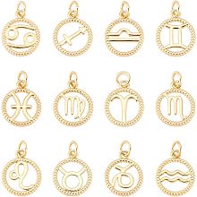 SUPERFINDINGS 12 Styles Brass Twelve Constellation Pendant 14.5x12mm Golden Flat Round with Zodiac Sign Jewelry Charms Micro Pave Cubic Zirconia Charm for DIY Bracelets Necklaces Making,Hole: 3.4mm