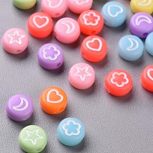 Honeyhandy Opaque Acrylic Beads, Flat Round with White Heart & Flower & Moon & Star, Mixed Color, 7x4mm, Hole: 1.6mm