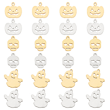 CHGCRAFT 24Pcs 2 Colors Stainless Steel Halloween Charms Pumpkin Jack-o-Lantern Charm Metal Spirit Ghost Charms Skull Halloween Charms for DIY Necklace Bracelet, 15x14.5x1mm