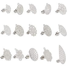 DICOSMETIC 30pcs 15 Styles 304 Stainless Steel Flower Stud Earring Findings Teardrop Shape Stud Earring Butterfly Shape Earring Back Flat Round Earrings for Earring Jewelry DIY,Hole:1mm