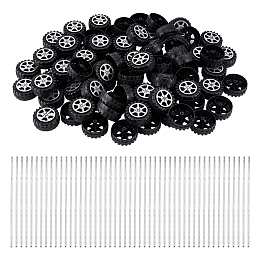 GLOBLELAND 100Pcs Plastic Mini Rubber Findings Electric Car Wheels with 50 Pcs Iron Small Car Axle 2mm Dia Shaft Mini Tires Crawler Tire for DIY Model Car Truck Project（Black）